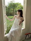 Simple Fashion White V-neck Design Lace A-line Spaghetti Strap Tiered Dress HZ1024