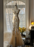 Elegant Mermaid Golden Sparkling Strapless Elegant Beaded Chiffon Evening Dress Prom Dress HZ1024