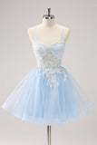 New Fashion Light Blue Flower Embroidery Design A-line Spaghetti Strap Homecoming Dress HZ1024