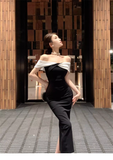 Vintage Black & White Combination Design A-line Off-the-shoulder Women Dress HZ1024