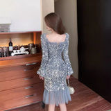 Vintage Elegant Sequins Design A-Line Square Neckline Mermaid Long-sleeved Dress HZ1024