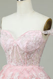 Vintage Pink Floral Embroidery Design A-line Off-the-shoulder Tiered Homecoming Dress HZ1024