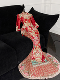 Gorgeous Sparkling Beaded Sequin Mermaid Design Exquisite Embroidery Wedding Outfit Evening Dress Prom Dresses HZ1024
