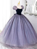 Purple Tulle and Velvet Floor Length Prom Dress, Beautiful A-Line Short Sleeve Party Dress HZ1024