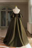 Green Satin Floor Length Prom Dress, A-Line Puffy Short Sleeve Evening Party Dress HZ1024