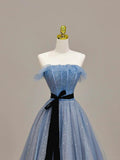 Gray Tulle Floor Length Prom Dress, A-Line Strapless Evening Party Dress HZ1024