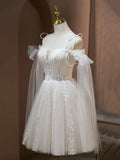 Lovely A-Line Tulle Lace Knee Length Prom Dress, Ivory Off the Shoulder Party Dress HZ1024