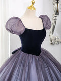 Purple Tulle and Velvet Floor Length Prom Dress, Beautiful A-Line Short Sleeve Party Dress HZ1024