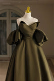 Green Satin Floor Length Prom Dress, A-Line Puffy Short Sleeve Evening Party Dress HZ1024