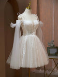 Lovely A-Line Tulle Lace Knee Length Prom Dress, Ivory Off the Shoulder Party Dress HZ1024