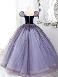 Purple Tulle and Velvet Floor Length Prom Dress, Beautiful A-Line Short Sleeve Party Dress HZ1024