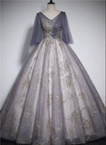 Beautiful Tulle V-neckline Long Formal Dress, Tulle Lace Applique Party Dress HZ1024