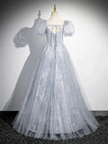 Gray Tulle Beaded Floor Length Prom Dress, A-Line Short Sleeve Evening Party Dress HZ1024