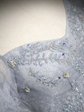 Gray Tulle Beaded Floor Length Prom Dress, A-Line Short Sleeve Evening Party Dress HZ1024