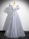 Gray Tulle Beaded Floor Length Prom Dress, A-Line Short Sleeve Evening Party Dress HZ1024