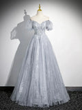 Gray Tulle Beaded Floor Length Prom Dress, A-Line Short Sleeve Evening Party Dress HZ1024