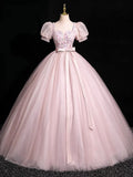 Beautiful Floral Tulle Floor Length Prom Dress, Pink A-Line Short Sleeve Evening Dress HZ1024