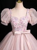Beautiful Floral Tulle Floor Length Prom Dress, Pink A-Line Short Sleeve Evening Dress HZ1024