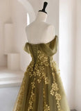 A-Line Off Shoulder Long Prom Dress, Green Tulle Formal Evening Dress HZ1024
