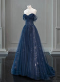 Navy Blue Sweetheart Off Shoulder Tulle Prom Dress, A-line Tulle Formal Dress HZ1024