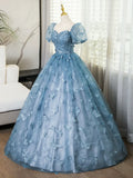 Blue Lace Butterfly Long Prom Dress, Elegant A-Line Short Sleeve Evening Formal Dress HZ1024