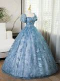Blue Lace Butterfly Long Prom Dress, Elegant A-Line Short Sleeve Evening Formal Dress HZ1024