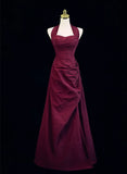Wine Red A-Line Halter Vintage Style Prom Dress, Wine Red Long Evening Dress HZ1024