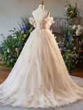 Champagne Floral Tulle Long Prom Dress, Elegant A-Line Formal Evening Dress HZ1024
