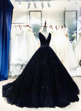 Black V-neckline Shiny Tulle Beaded Sweet 16 Dress, Black Formal Dress HZ1024