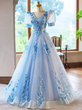 Blue Appliques Lace Flower Floor Length Prom Dresses, Beautiful V-Neck Short Sleeve Evening Dress HZ1024