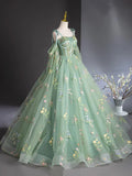 Green Floral Tulle Long Prom Dress, Beautiful A-Line Evening Formal Dress HZ1024