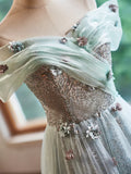 A-Line Green Floor Length Prom Dress, Beautiful Off the Shoulder Backless Evening Party Dress HZ1024