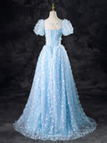 Blue Butterfly Appliques Sequins Prom Dress, A-Line Short Sleeve Backless Princess Formal Dress HZ1024
