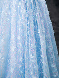 Blue Butterfly Appliques Sequins Prom Dress, A-Line Short Sleeve Backless Princess Formal Dress HZ1024