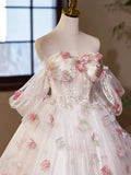 A-Line Tulle Floral Floor Length Prom Dress, Off the Shoulder Formal Party Dress HZ1024