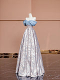Blue Satin and Floral Pattern Floor Length Prom Dress, Off the Shoulder Evening Party Dress HZ1024