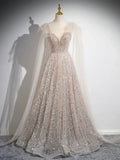 Champagne Tulle Sequins Long Prom Dress, Sparkling A-Line Evening Party Dress HZ1024