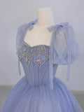Blue Tulle Beaded Floor Length Prom Dress, A-Line Short Sleeve Evening Party Dress HZ1024