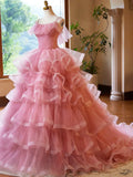 Pink Tulle Layers Long A-Line Prom Dress, Pink Spaghetti Strap Sweet 16 Dress Evening Dress HZ1024