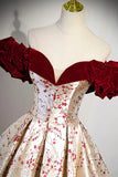 Beautiful Floral Satin Sweetheart Off Shoulder Prom Dress, Burgundy Long Satin Backless Party Dress HZ1024