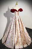 Beautiful Floral Satin Sweetheart Off Shoulder Prom Dress, Burgundy Long Satin Backless Party Dress HZ1024