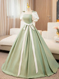 White and Green Satin Long Prom Dress, A-Line Short Sleeve Evening Party Dress HZ1024