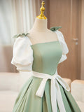 White and Green Satin Long Prom Dress, A-Line Short Sleeve Evening Party Dress HZ1024