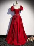 Elegant Burgundy Floor Length Prom Dress, A-Line Beading Puffy Short Sleeve Backless Evening Dress HZ1024