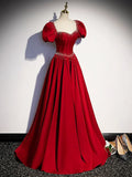 Elegant Burgundy Floor Length Prom Dress, A-Line Beading Puffy Short Sleeve Backless Evening Dress HZ1024