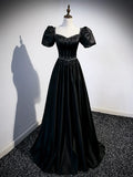 Black Satin Beaded Floor Length Prom Dress, Black A-Line Short Sleeve Evening Dress HZ1024