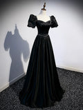 Black Satin Beaded Floor Length Prom Dress, Black A-Line Short Sleeve Evening Dress HZ1024