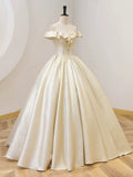 Champagne Off the Shoulder Floor Length Prom Dress, Elegant A-Line Evening Party Dress HZ1024