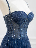 Blue Spaghetti Strap Tulle Sequins Long Prom Dress, Beautiful A-Line Evening Party Dress HZ1024