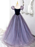 Purple Tulle and Velvet Floor Length Prom Dress, Beautiful A-Line Short Sleeve Party Dress HZ1024
